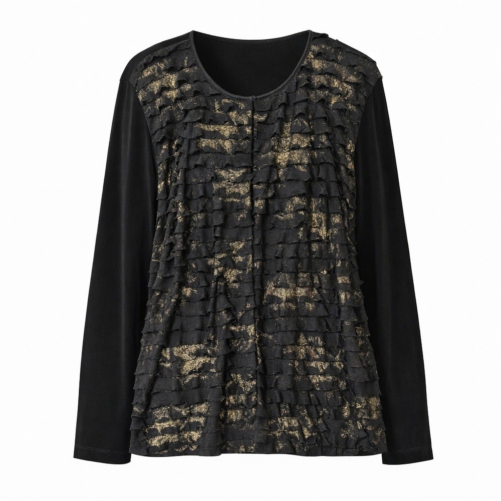 Chico's Cardigan Black Gold Metallic Slinky‎ Ruffle Tiered Size 3 Long Sleeves